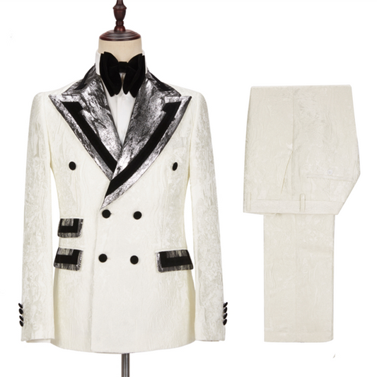 Stylish White Jacquard Peaked Lapel Wedding Suits
