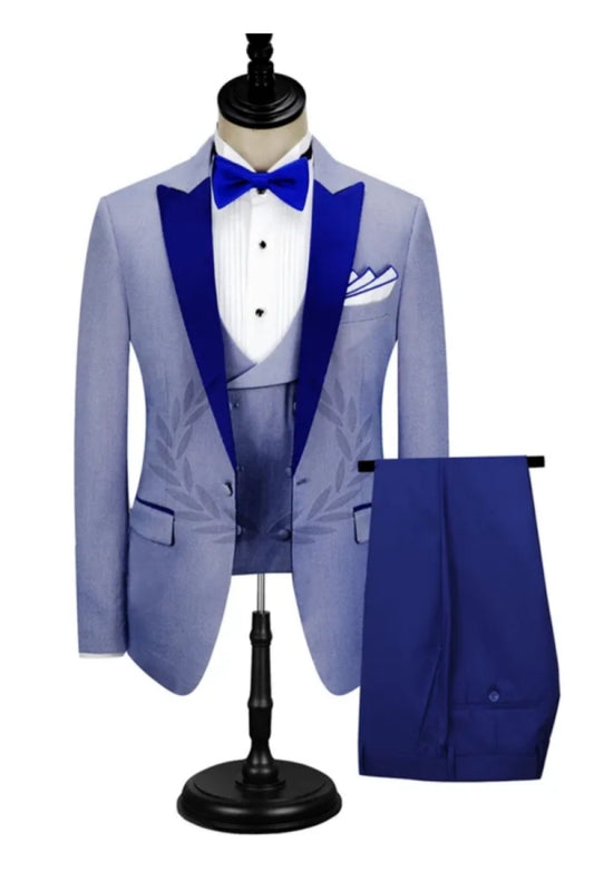 Chic Blue 3 Pieces Peaked Lapel Wool Prom Men Suits