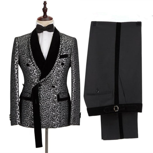 Bespoke Black Leopard Shawl Lapel Prom Men Suits