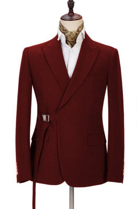Glamorous Burgundy Peaked Lapel Wool Prom Men Suits