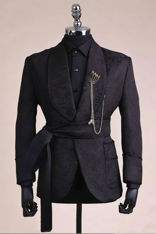 Gentle Black Jacquard Shawl Lapel Best Fitted Wedding Suits With Belt
