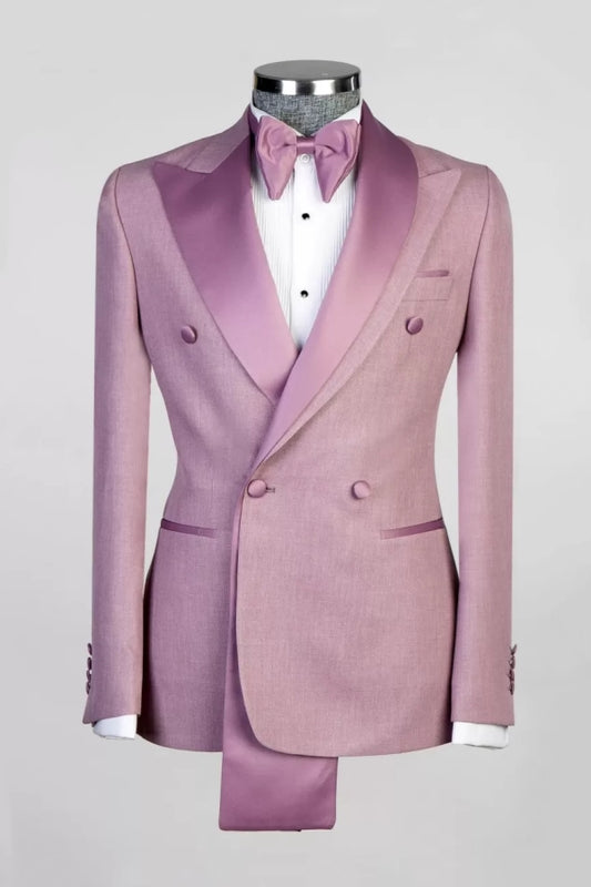 Gentle Pink Double Breasted Peaked Lapel Wool Prom Suits