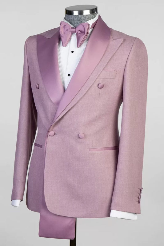 Gentle Pink Double Breasted Peaked Lapel Wool Prom Suits