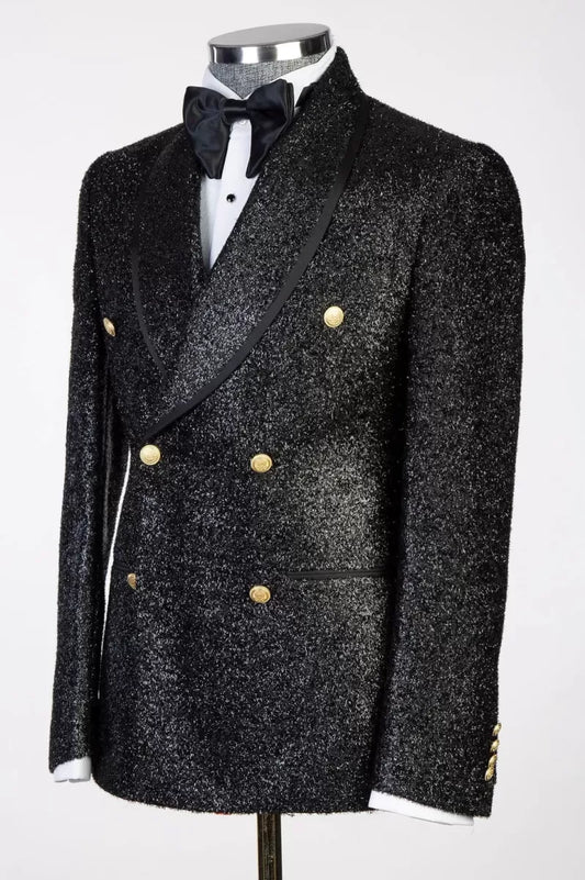 Bespoke Sparkle Black Double Breasted Shawl Lapel Wedding Suits