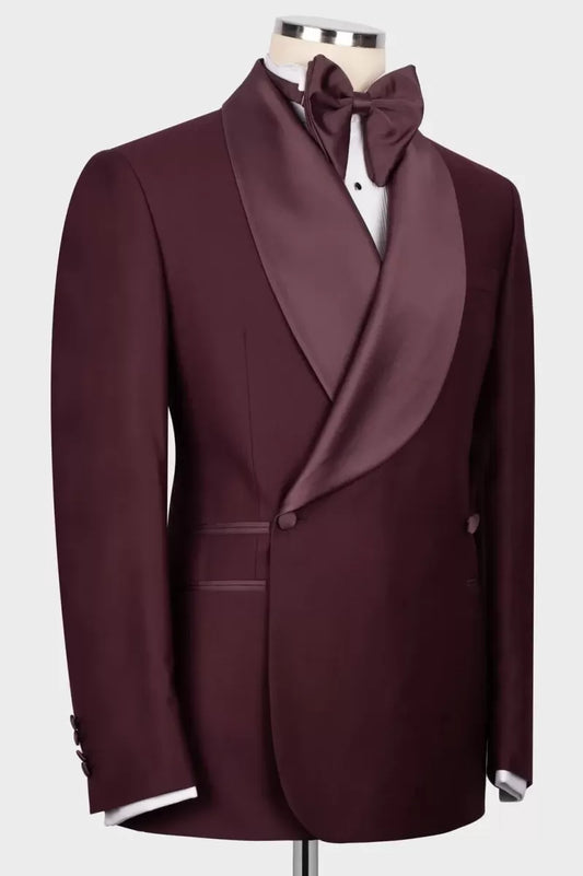 Fancy Burgundy Double Breasted Shawl Lapel Wool Wedding Suits