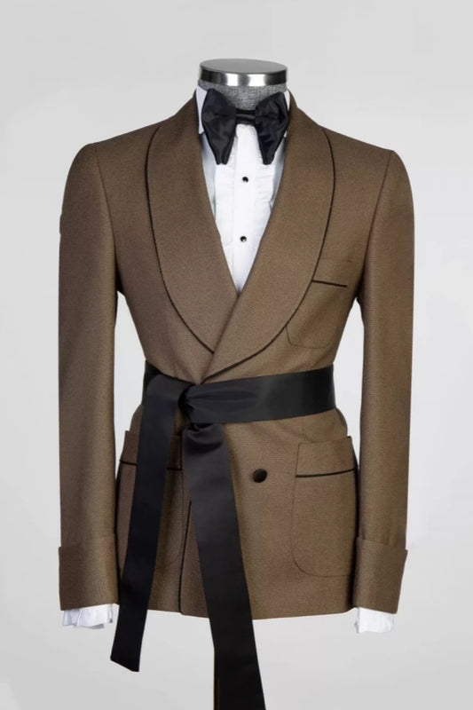 Brown Double Breasted Shawl Lapel Beadings Wool Wedding Suits With Belt