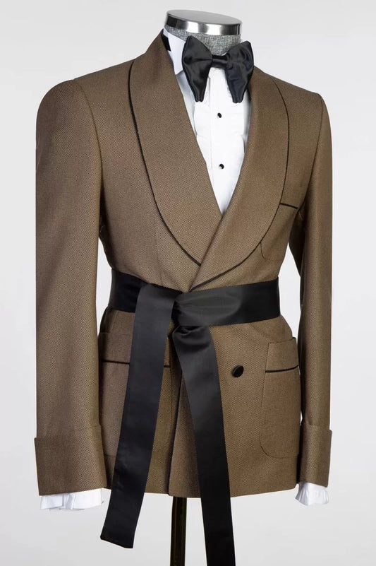 Brown Double Breasted Shawl Lapel Beadings Wool Wedding Suits With Belt