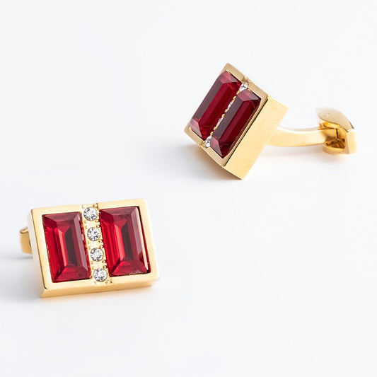 Gold Square Cufflinks with Red Gemstones