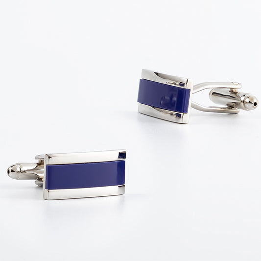 Simple Silver Rectangle Cufflinks With Dark Blue Enamel