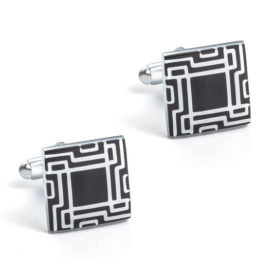 Silver Square Cufflinks With Black And White Lines