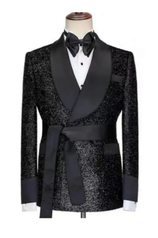 Handsome Black Sparkle Double Breasted Shawl Lapel Wedding Suits With Belt