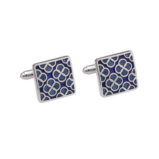 Silver Frame Blue Enamel Clover Cufflinks