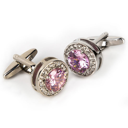 Elegant Silver Frame Pink Stone Cufflinks