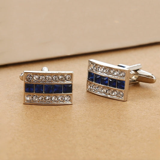 Modern Silver Blue Crystal Accent Cufflinks