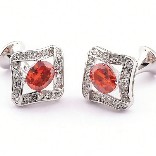 Silver Square Red Crystal Cufflinks