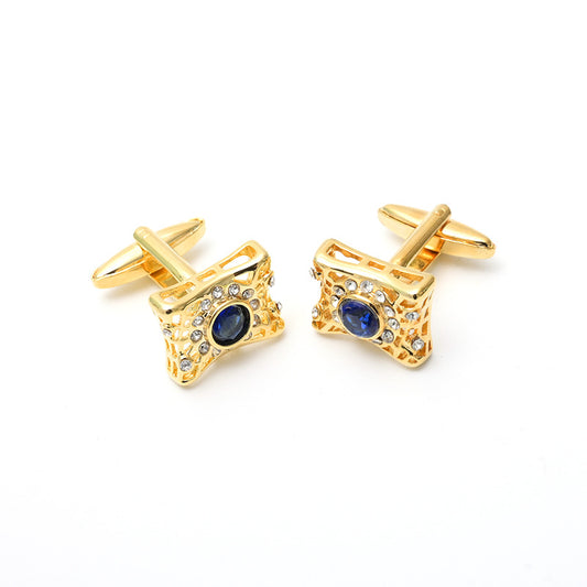 Gold Hollow Out Blue Crystal Men's Cufflinks
