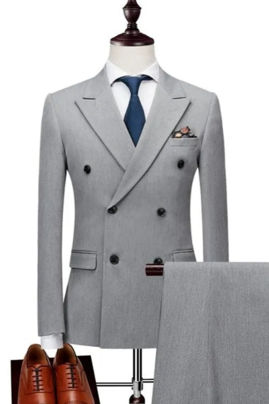 Trendy Gray Double Breasted Peaked Lapel Slim Fit Wool Prom Suits