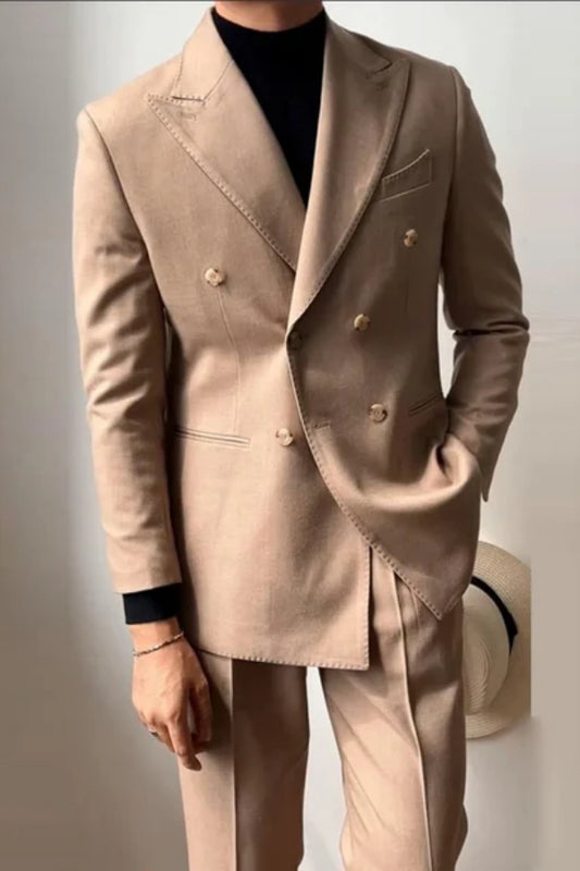 Stylish Brown Double Breasted Wool Peaked Lapel Prom Men Suits