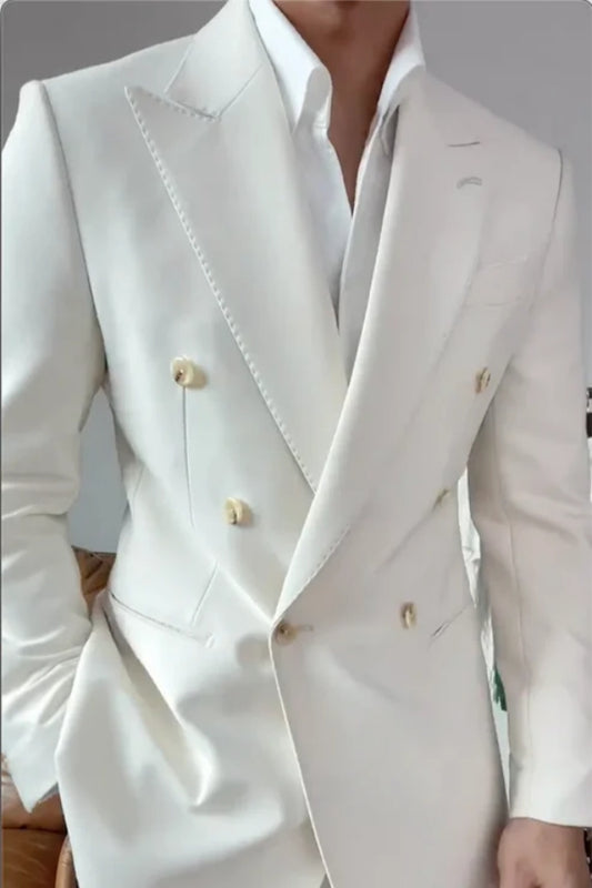 Modern White Double Breasted Wool Peaked Lapel Prom Men Suits