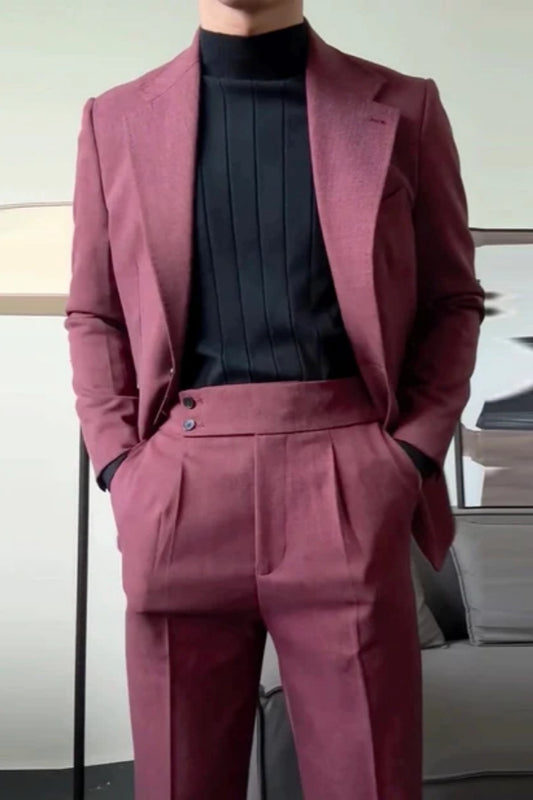Fashion Burgundy Notched Lapel Wool Prom Men Suits