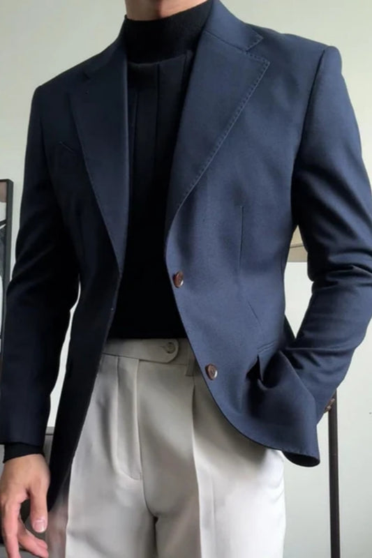 Navy Blue Notched Lapel Wool Prom Men Suits With Beige Pants