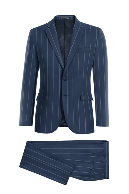 Classic Navy Blue Striped Wool Business Suits
