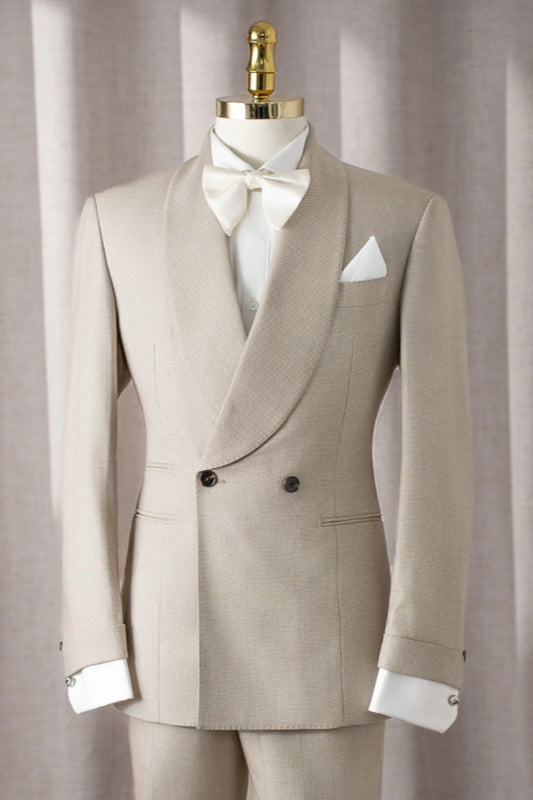 Trendy Light Khaki Shawl Lapel Double Breasted Wool Wedding Suits