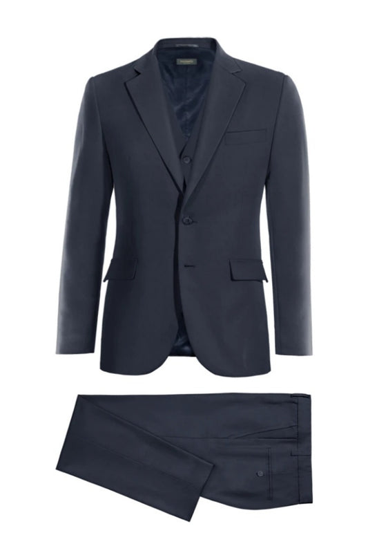 Formal Dark Navy Notch Lapel 3 Pieces Wool Business Suits