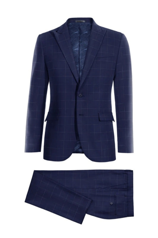 Modern Dark Blue Plaid Peaked Lapel Wool Business Suits