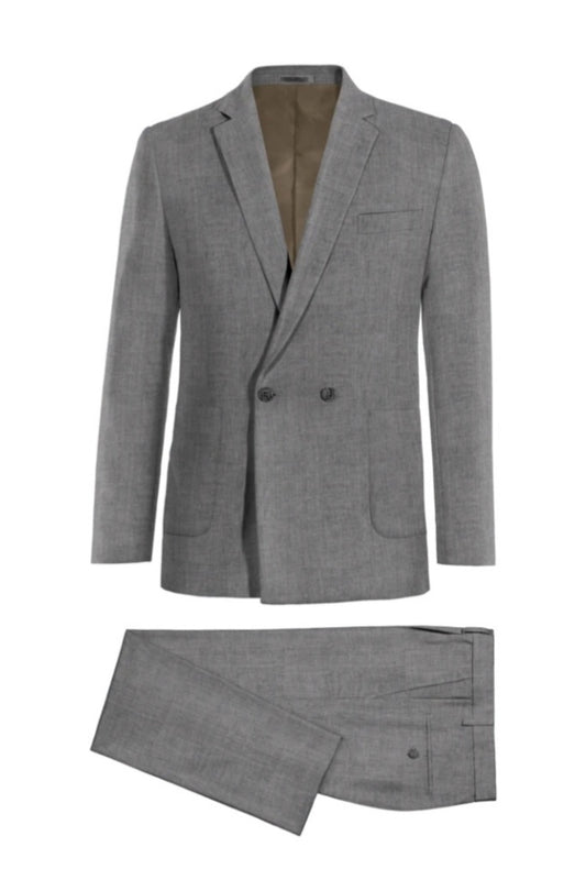 Modern Gray Double Breasted Notched Lapel Wool Business Suits