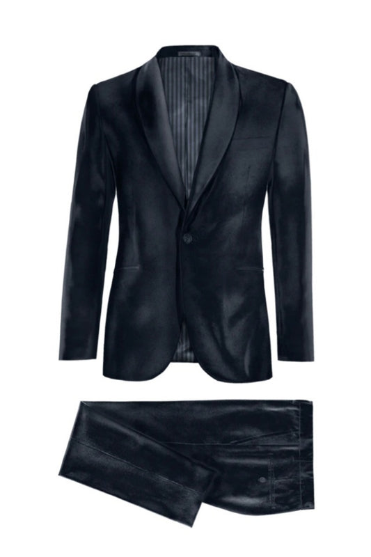 Trendy Dark Navy Shawl Lapel Velvet Business Suits