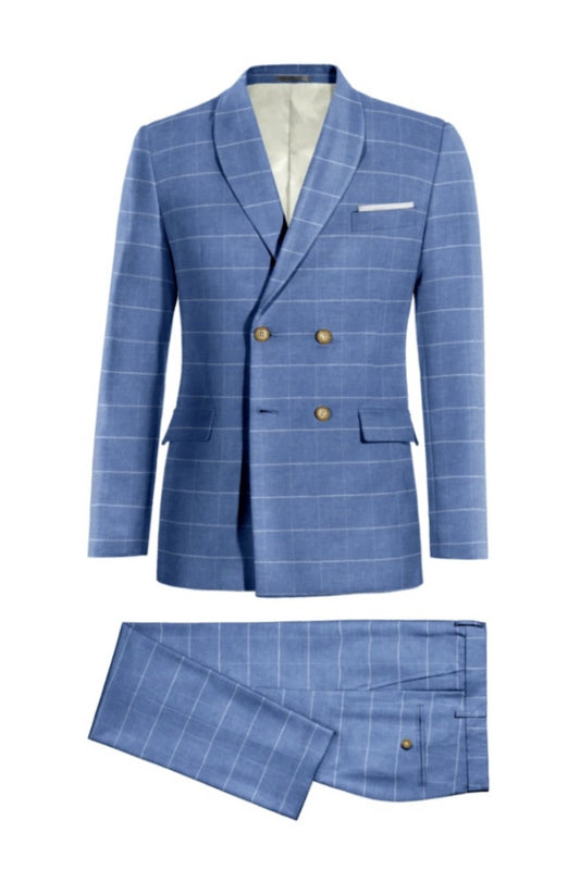 Glamorous Blue Plaid Double Breasted Wool Business Suits