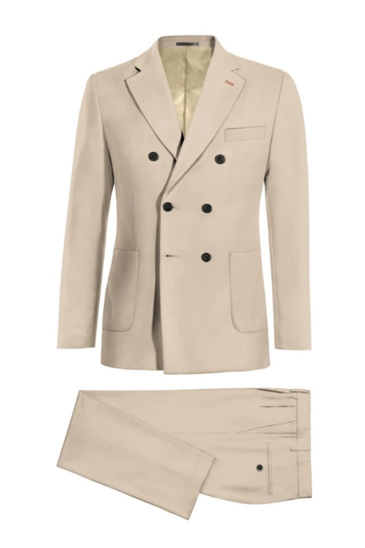 Classic Beige Double Breasted Notched Lapel Wool Business Suits