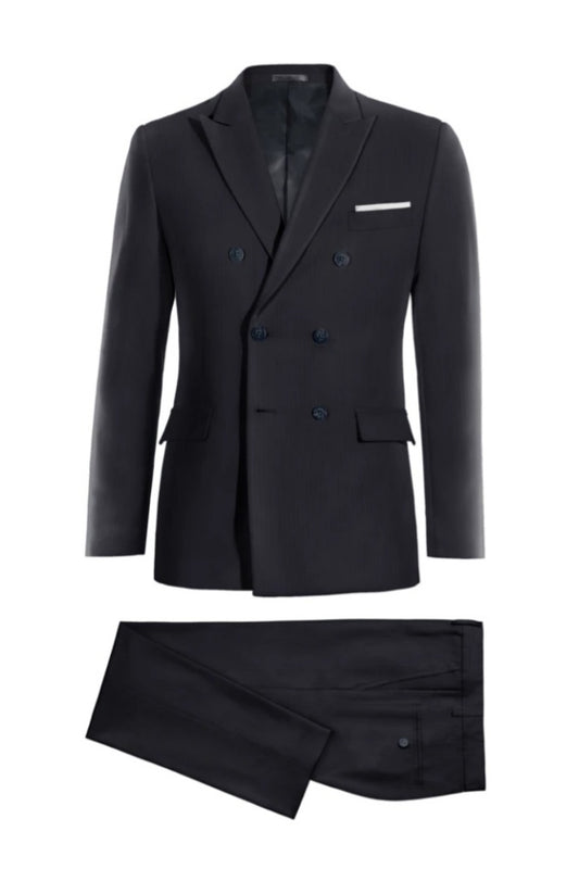 Modern Black Double Breasted Pinstriped Wool Business Suits