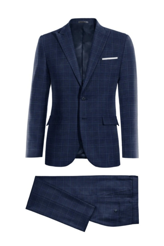Trendy Dark Blue Plaid Peaked Lapel Wool Business Suits