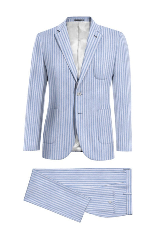 Chic Light Blue Linen Pinstriped Prom Men Suits