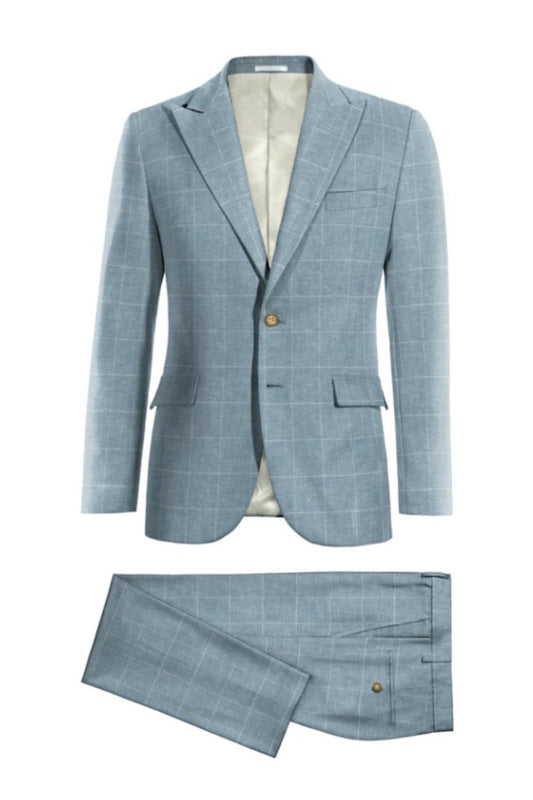 Newest Blue Plaid Peaked Lapel Wool Business Suits