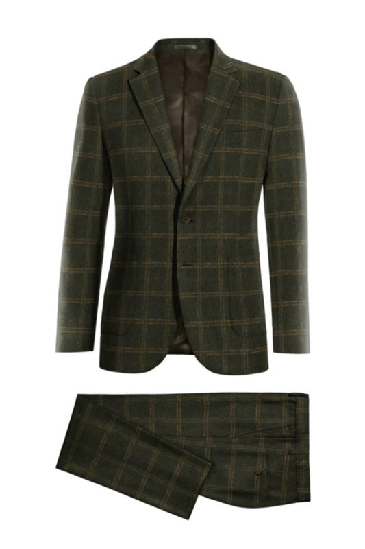 Trendy Forest Green Plaid Notched Lapel Wool Business Suits