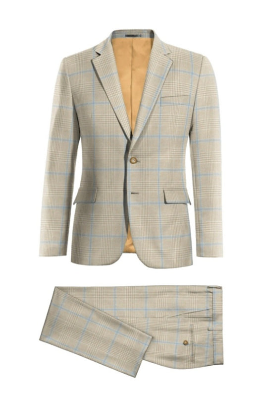 Bespoke Beige Notched Lapel Plaid Wool Business Suits