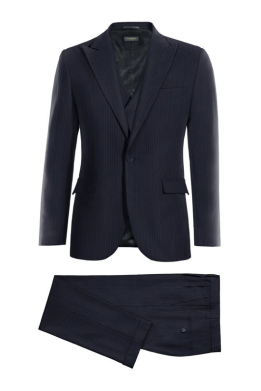 Formal Deep Blue 3 Pieces Pinstriped Wool Business Suits