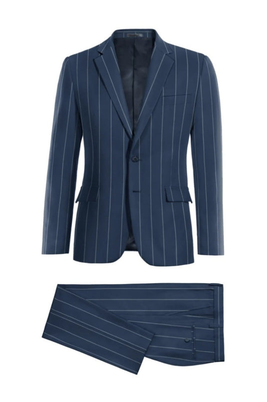 Fashion Navy Blue Striped Notched Lapel Linen Business Suits