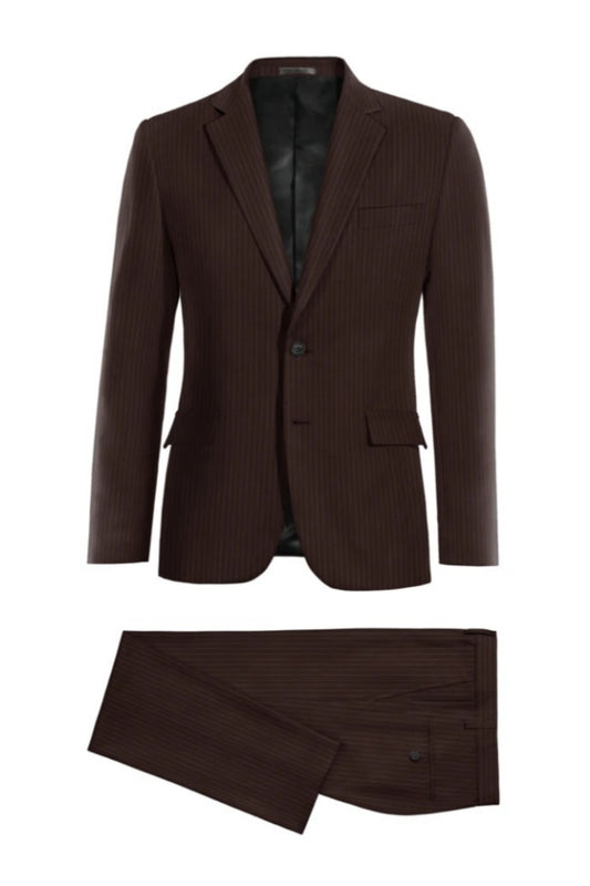 Modern Dark Brown Notched Lapel Pinstriped Wool Business Suits