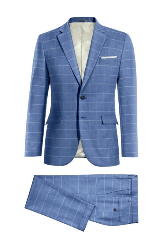 Fancy Sky Blue Plaid Notched Lapel Linen Prom Suits