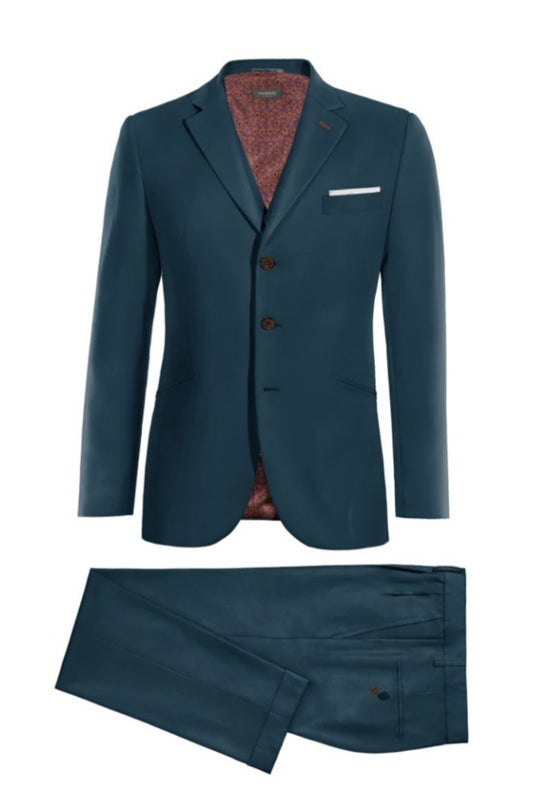 Navy Blue Notched Lapel Close Fitting Wool Business Suits