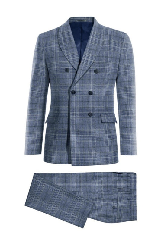 Bespoke Blue Double Breasted Shawl Lapel Plaid Wool Business Suits