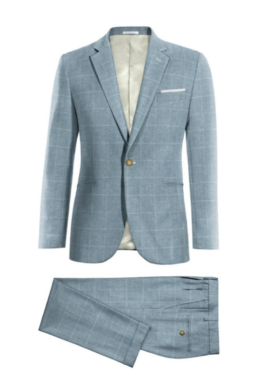 Fashion Light Blue Plaid Notched Lapel Linen Prom Suits