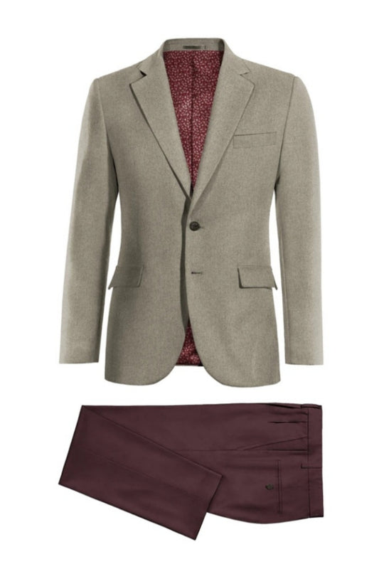 Modern Mid Gray Herringbone Wool Prom Suits With Burgundy Pants