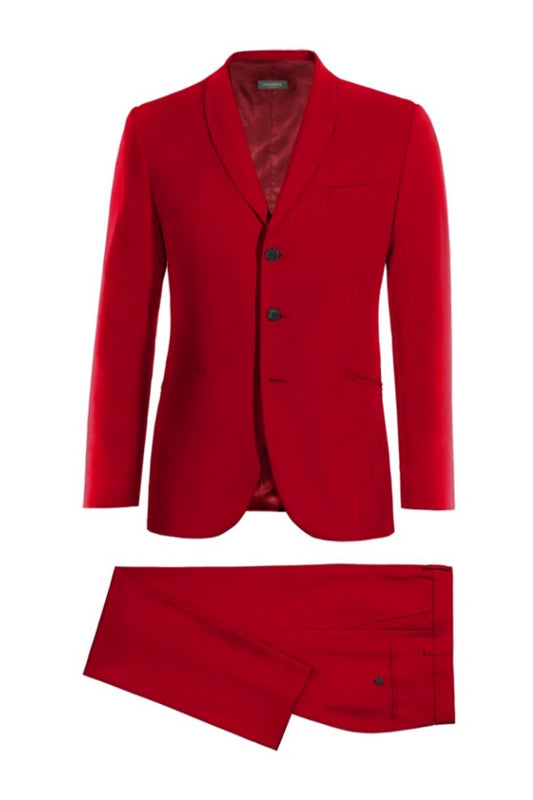 Trendy Red Shawl Lapel Close Fitting Wool Prom Suits