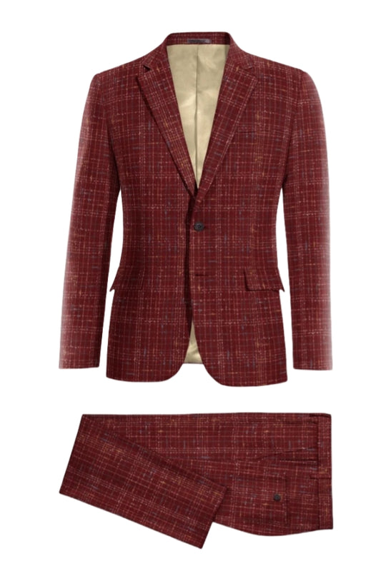 Modern Red Plaid Wool Business Suits For Men
