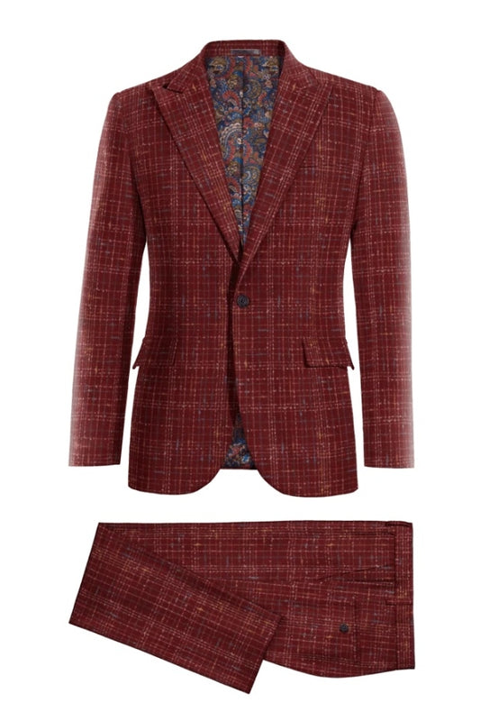 Chic Red Plaid Slim Fit Wool Business Suits